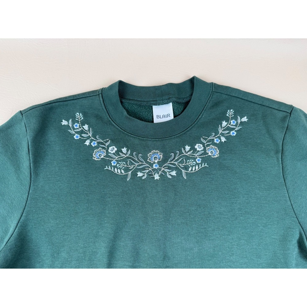 Cottagecore Floral Embroidered Sweatshirt Cotton Blend Green Medium Blair - Picture 2 of 5
